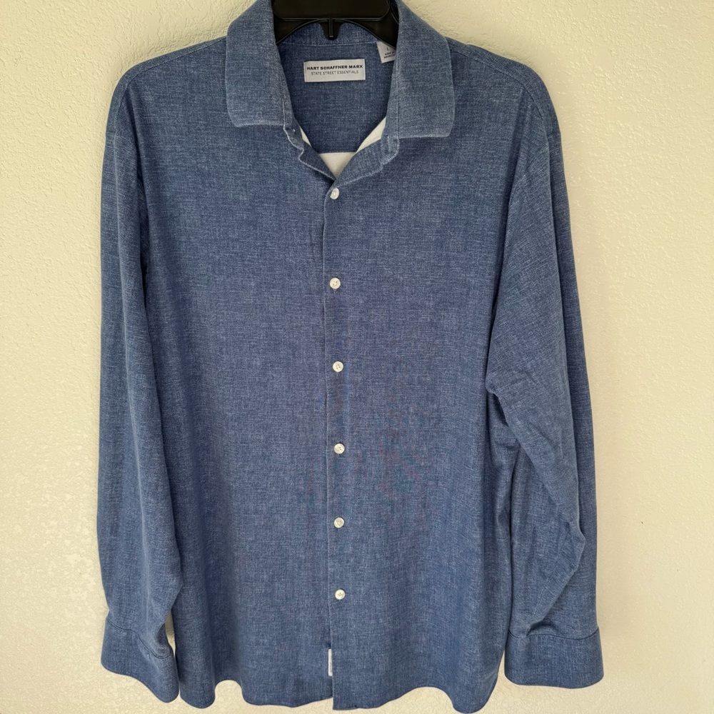 Hart Schaffner Marx Casual Blue Denim Like Chambray Button-Down Shirt Size Large